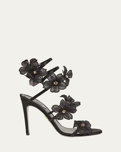RENÉ CAOVILLA SATIN STRASS FLOWER WRAP-UP SANDALS
