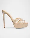 René Caovilla Satin Strass Platform Stiletto Slide Sandals In Beige