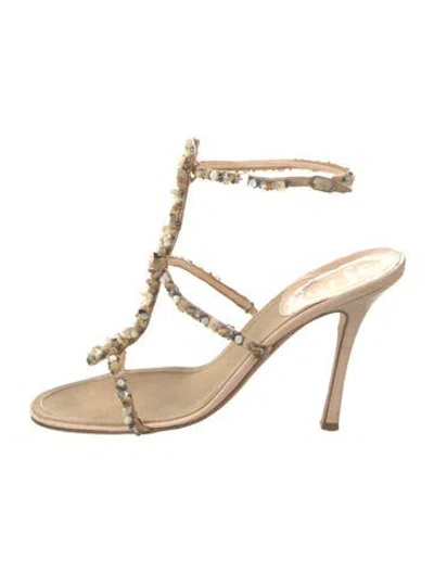 Pre-owned René Caovilla Satin T-strap Sandals In Gold