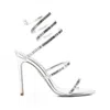 René Caovilla Metallic Leather Strass Snake Ankle Wrap Sandals In Silver