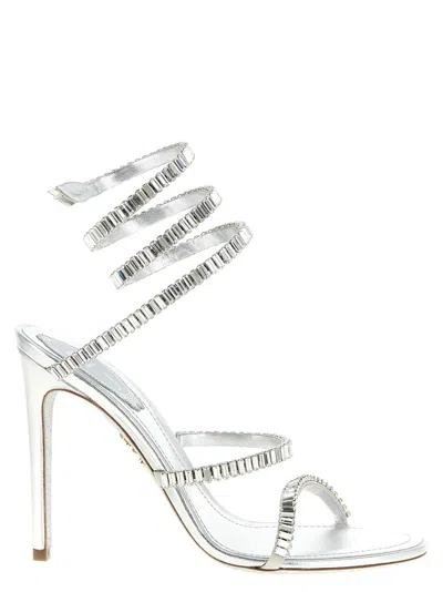 René Caovilla Silver Open Toe Heels In Animal Print
