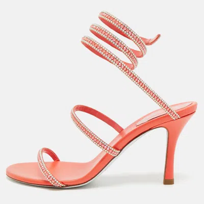 Pre-owned René Caovilla Size 36 Orange Leather And Satin Crystal Embellished Ankle Wrap Sandals