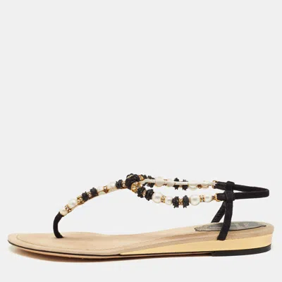 Pre-owned René Caovilla Size 36.5 Black Suede Faux Pearl Accents Thong Flat Sandals