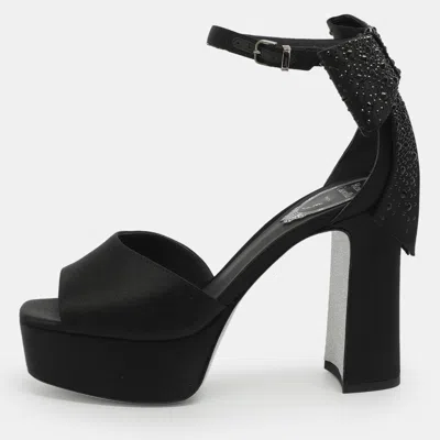 Pre-owned René Caovilla Size 37 Black Satin Ankle Strap Platform Sandals