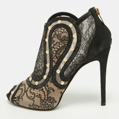 Pre-owned René Caovilla Size 37.5 Beige Lace And Suede Embellished Ankle Length Boots In Sand