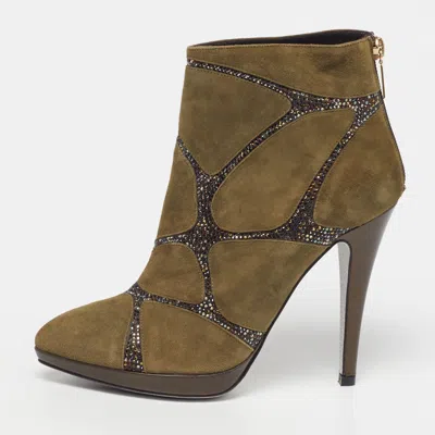 Pre-owned René Caovilla Size 37.5 Green Suede Crystal Embellished Ankle Length Boots