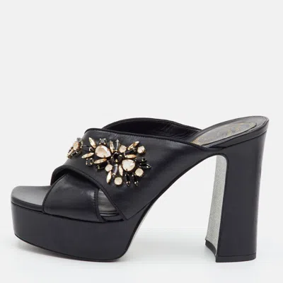 Pre-owned René Caovilla Rene Caovilla Size 38 Black Leather Crystal Embellished Platform Block Heel Sandals