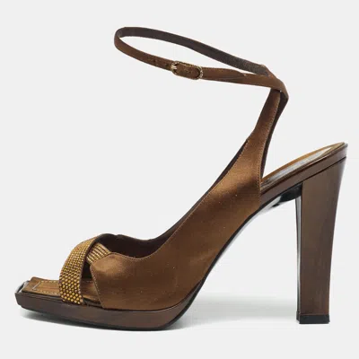 Pre-owned René Caovilla Size 38 Brown/gold Satin Crystal Embellished Ankle Strap Sandals