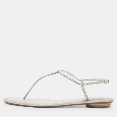 Pre-owned René Caovilla Size 38 Silver Satin Crystal Embellished Thong Flat Sandals