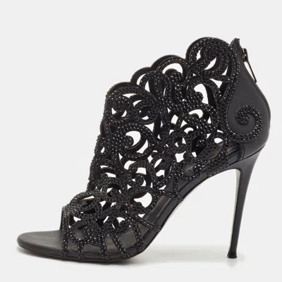 Pre-owned René Caovilla Size 39 Black Leather Crystal Embellished Open Toe Ankle Boots