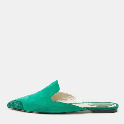 René Caovilla Size 39 Green Suede Crystal Embellished Flat Mules