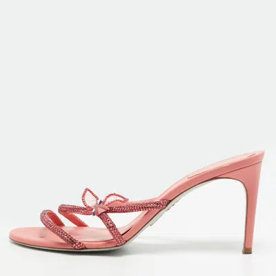 Pre-owned René Caovilla Size 39 Pink Leather Crystal Embellished Slide Sandals