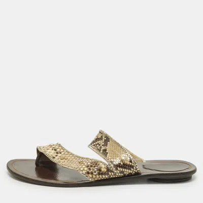 Pre-owned René Caovilla Size 40 Beige Python Leather Crystal Embellished Flat Sandals