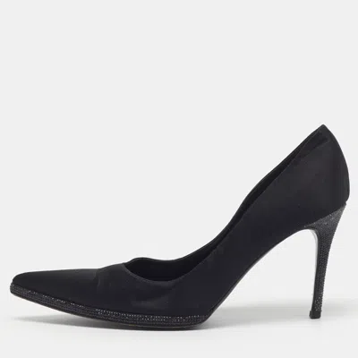 Pre-owned René Caovilla Size 40 Black Satin Crystal Embellished Pointed Toe Pumps