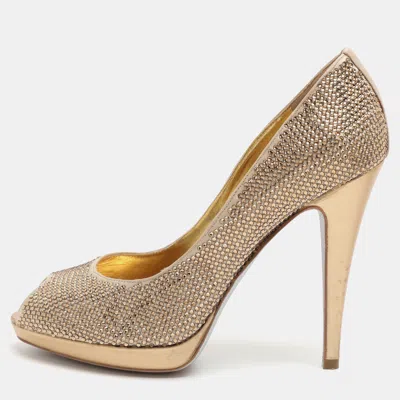 Pre-owned René Caovilla Size 40 Gold Crystals And Satin Peep Toe Pumps