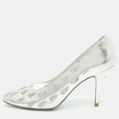 Pre-owned René Caovilla Size 40 Silver Metalic Leather Beads Embellished Pumps
