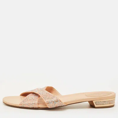 René Caovilla Size 41 Beige Satin Crystal Embellished Flat Sandals In Neutral