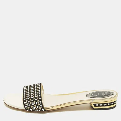 Pre-owned René Caovilla Size 41 Black/gold Leather And Suede Crystal Embellished Flat Slides