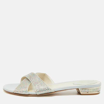 René Caovilla Size 41 Gold Crystals And Satin Criss Cross Flat Slides