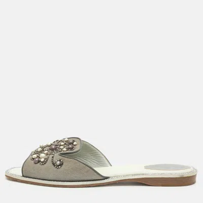 Pre-owned René Caovilla Size 41 Grey Crystals And Faux Pearl And Suede Slide Sandals