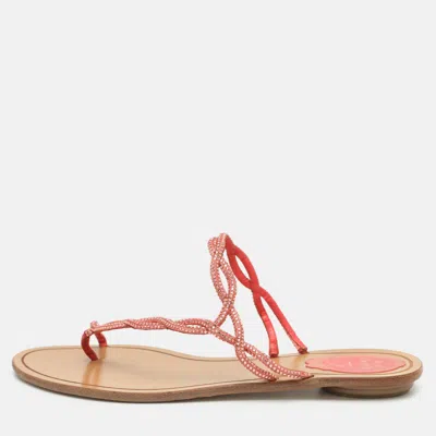 Pre-owned René Caovilla Size 41.5 Pink Crystals And Satin Braid Strap Flat Sandals
