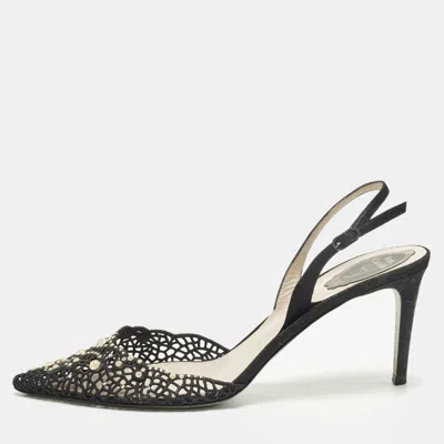 Pre-owned René Caovilla Size 42 Black Mesh And Suede Crystal Embellished Slingback Pointed Toe Sandals