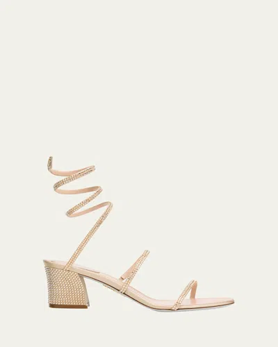 RENÉ CAOVILLA SNAKE ANKLE-WRAP STRASS SATIN BLOCK-HEEL SANDALS