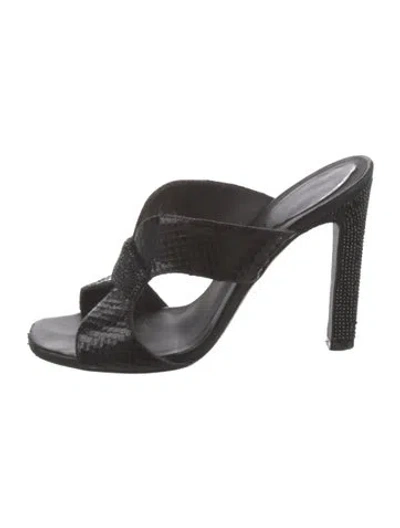 Pre-owned René Caovilla Snakeskin Crystal Embellishments Slides In Black