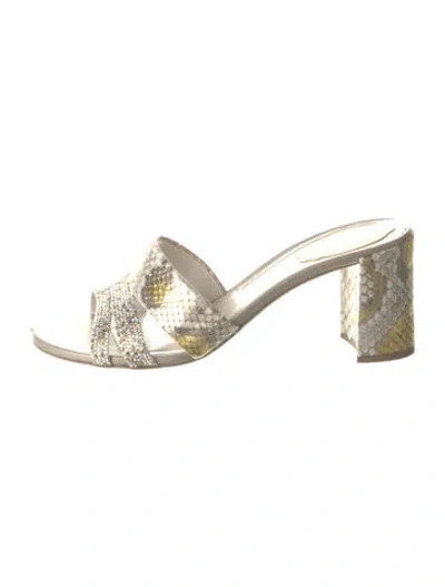Pre-owned René Caovilla Snakeskin Crystal Embellishments Slides In Gold