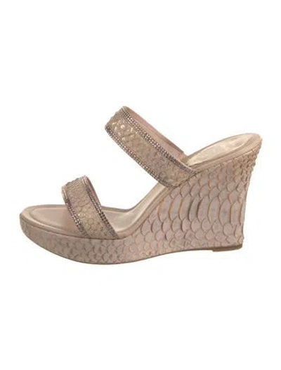 Pre-owned René Caovilla Snakeskin Crystal Embellishments Slides In Neutral