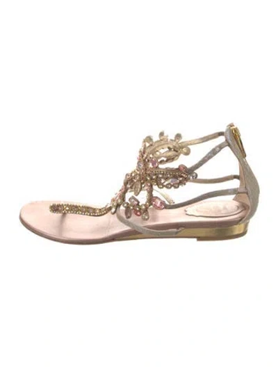 Pre-owned René Caovilla Snakeskin Crystal Embellishments T-strap Sandals In Gray