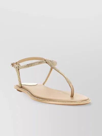 René Caovilla Sparkling T-strap Flat Sandals In Gold