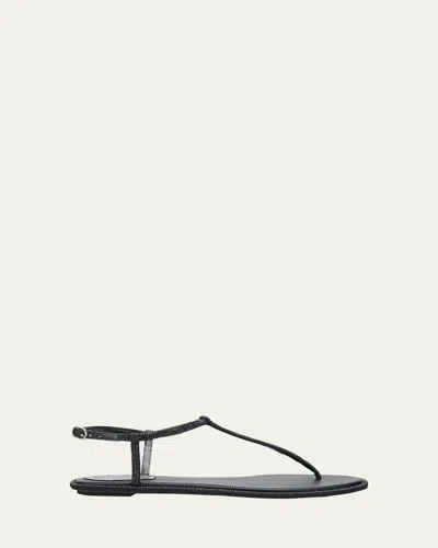 RENÉ CAOVILLA STRASS SATIN T-STRAP FLAT SANDALS