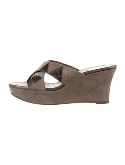Pre-owned René Caovilla Suede Beaded Accents Slides In Brown
