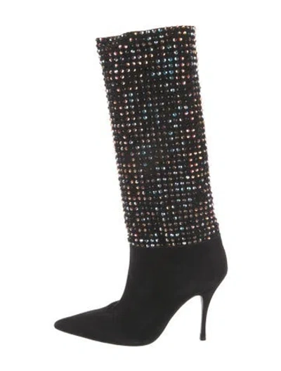 Pre-owned René Caovilla Suede Crystal Embellishments Boots In Black