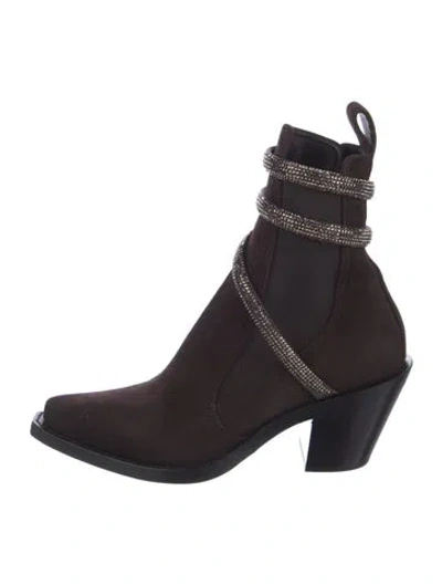 Pre-owned René Caovilla Suede Crystal Embellishments Combat Boots In Brown