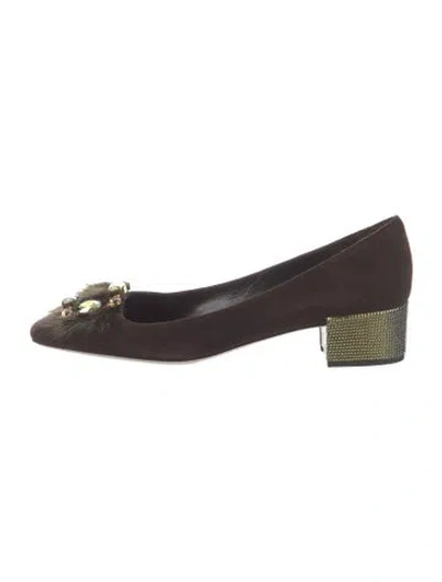 Pre-owned René Caovilla Suede Crystal Embellishments Flats W/ Tags In Brown