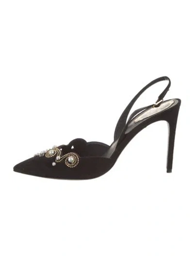 Pre-owned René Caovilla Suede Crystal Embellishments Slingback Sandals In Black