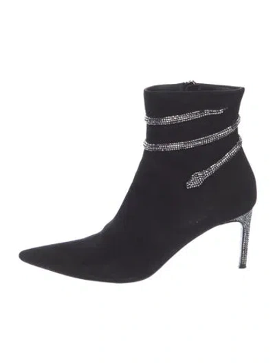 Pre-owned René Caovilla Suede Crystal Embellishments Sock Boots In Black
