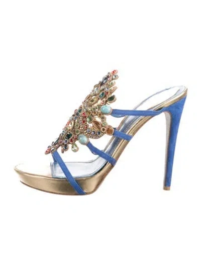 Pre-owned René Caovilla Suede Glitter Accents Sandals In Blue/gold/metallic