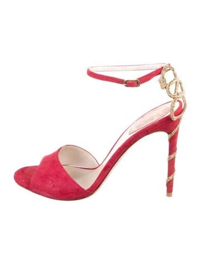 Pre-owned René Caovilla Suede Glitter Accents Sandals In Red
