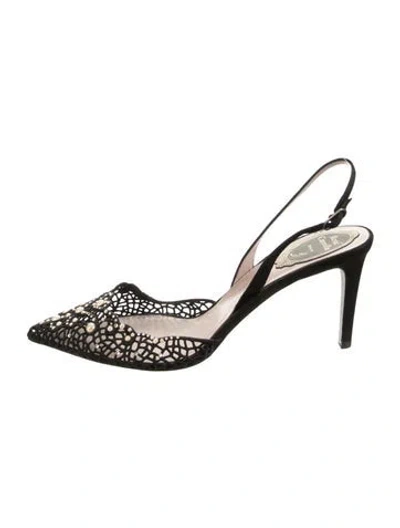 Pre-owned René Caovilla Suede Lace Pattern Slingback Pumps In Black