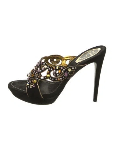 Pre-owned René Caovilla Suede Lasercut Accents Slides In Black