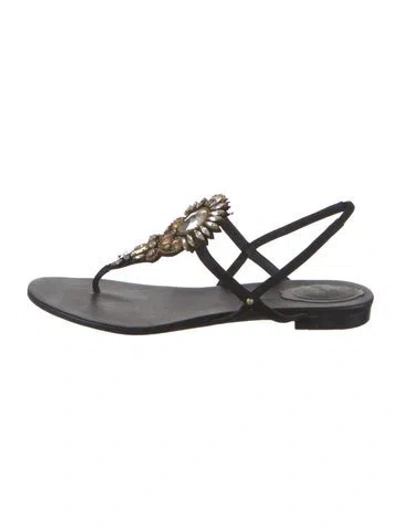 Pre-owned René Caovilla Suede T-strap Sandals In Black