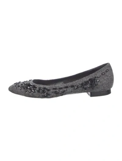 Pre-owned René Caovilla Tweed Pattern Beaded Accents Flats In Gray