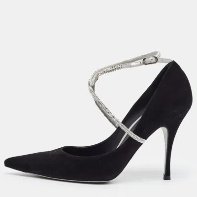 Pre-owned René Caovilla Twista Size 36.5 Black Suede Crystal Embellished Ankle Wrap Pumps