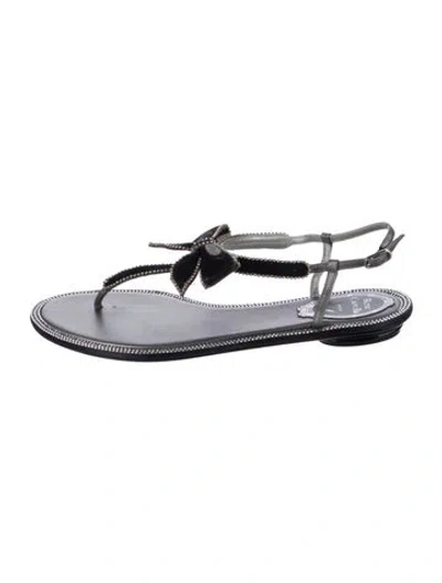 Pre-owned René Caovilla Velvet Bow Accents T-strap Sandals In Black