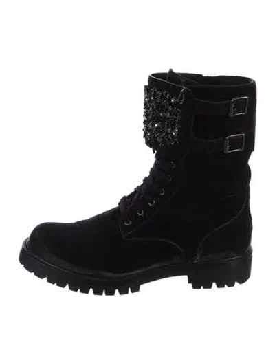 Pre-owned René Caovilla Velvet Crystal Embellishments Combat Boots In Black
