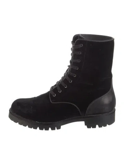 Pre-owned René Caovilla Velvet Crystal Embellishments Combat Boots In Black