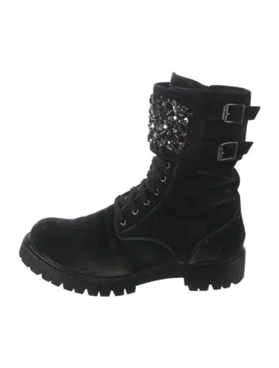 Pre-owned René Caovilla Velvet Crystal Embellishments Combat Boots In Black